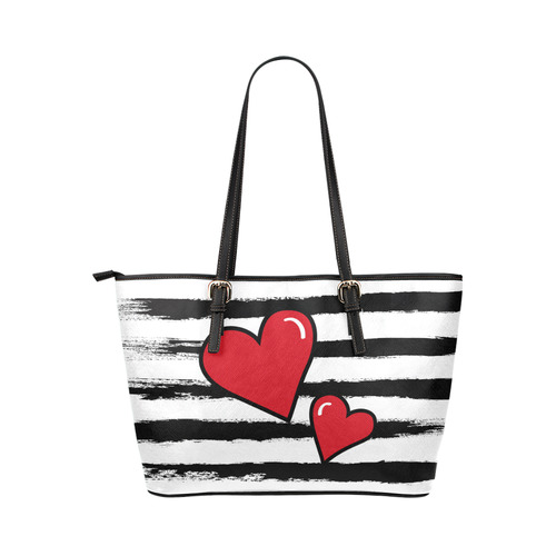 Two Hearts with Black Brushstrokes Stribes Background in Pop Art Style Leather Tote Bag/Large (Model 1651)
