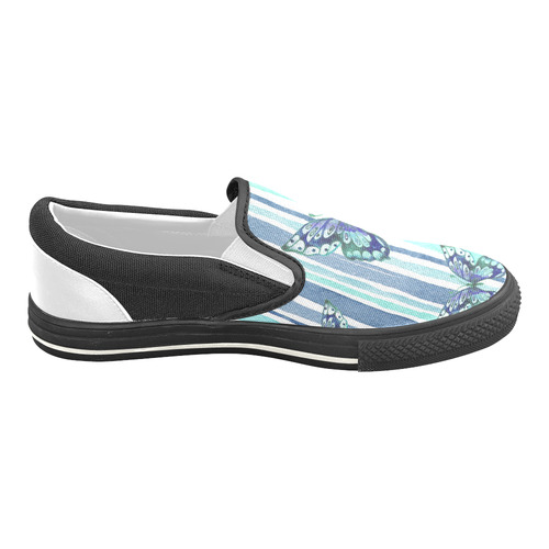 Watercolor Butterflies & Stripes Blue Cyan Women's Unusual Slip-on Canvas Shoes (Model 019)