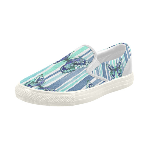 Watercolor Butterflies & Stripes Blue Cyan Women's Slip-on Canvas Shoes (Model 019)