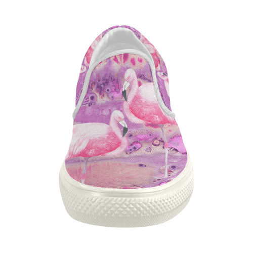 Flamingos Batik Paint Background Pink Violet Women's Slip-on Canvas Shoes (Model 019)