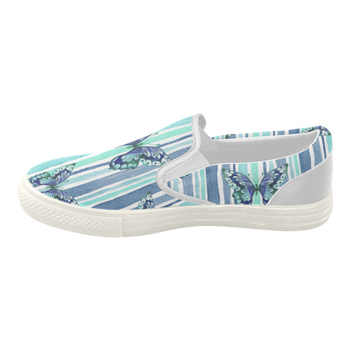Watercolor Butterflies & Stripes Blue Cyan Women's Slip-on Canvas Shoes (Model 019)