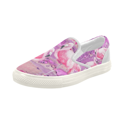 Flamingos Batik Paint Background Pink Violet Women's Slip-on Canvas Shoes (Model 019)
