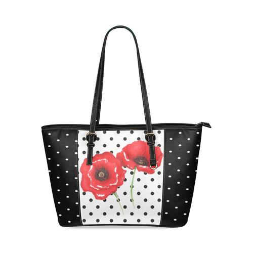 Poppies and polka dots Leather Tote Bag/Small (Model 1640)