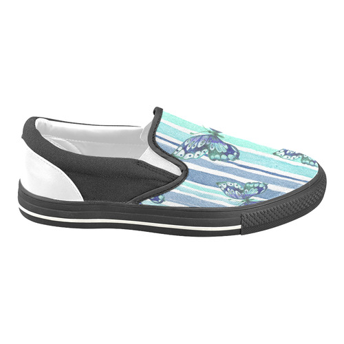 Watercolor Butterflies & Stripes Blue Cyan Women's Unusual Slip-on Canvas Shoes (Model 019)