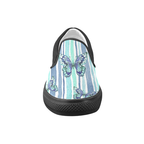 Watercolor Butterflies & Stripes Blue Cyan Women's Unusual Slip-on Canvas Shoes (Model 019)