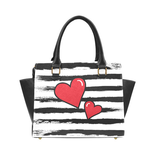 POP ART Style Two Hearts with Orange Brushstrokes Stribes Background Rivet Shoulder Handbag (Model 1645)