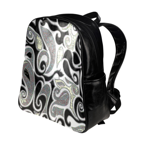 Wacky Retro Swirl in Black and White Multi-Pockets Backpack (Model 1636)