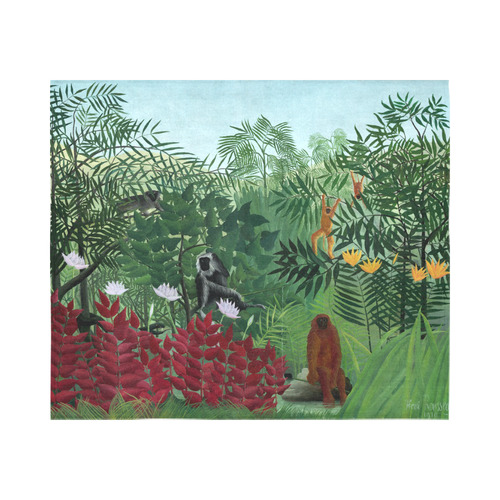 Henri Rousseau Tropical Forest Monkeys Cotton Linen Wall Tapestry 60"x 51"