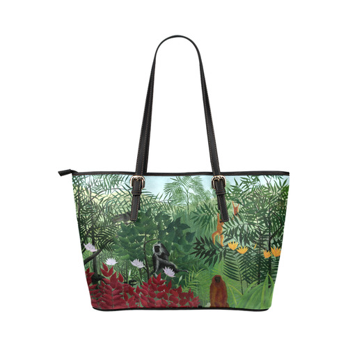 Henri Rousseau Tropical Forest Monkeys Leather Tote Bag/Large (Model 1651)