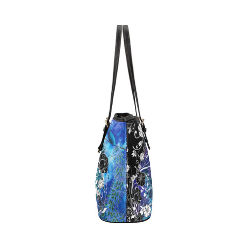 Peacock Blue Teal Flower Art Print Leather Tote Bag/Small (Model 1651)