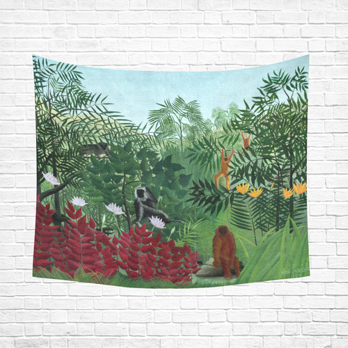 Henri Rousseau Tropical Forest Monkeys Cotton Linen Wall Tapestry 60"x 51"