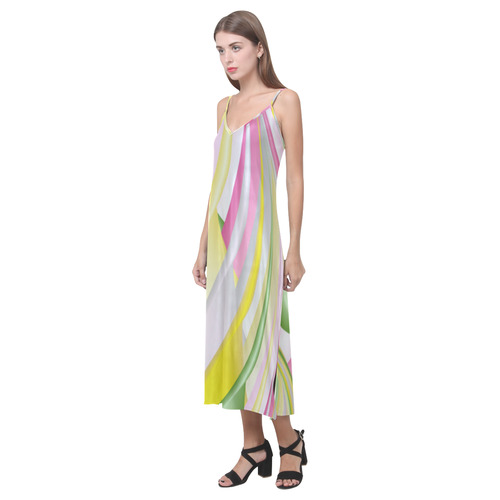 Lemon Mint Candy Fractal Art V-Neck Open Fork Long Dress(Model D18)