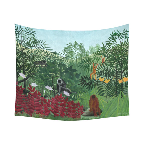 Henri Rousseau Tropical Forest Monkeys Cotton Linen Wall Tapestry 60"x 51"