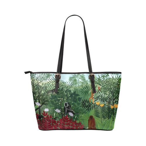 Henri Rousseau Tropical Forest Monkeys Leather Tote Bag/Small (Model 1651)