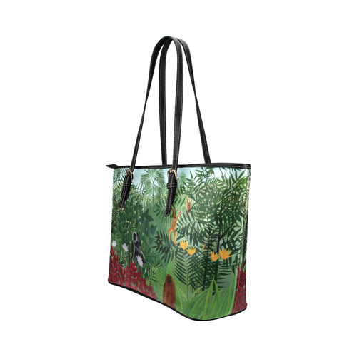 Henri Rousseau Tropical Forest Monkeys Leather Tote Bag/Small (Model 1651)