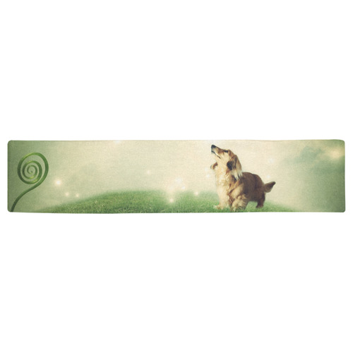 Dog with Butterflies at a Fantasy Landscape Table Runner 16x72 inch