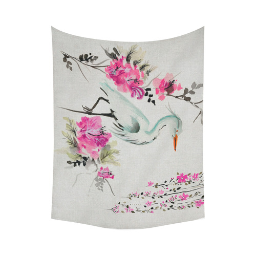 Pink Crane Flower Dream Cotton Linen Wall Tapestry 80"x 60"