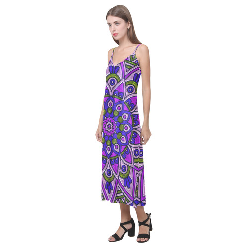 Blue Purple Olive Fractal Flower V-Neck Open Fork Long Dress(Model D18)