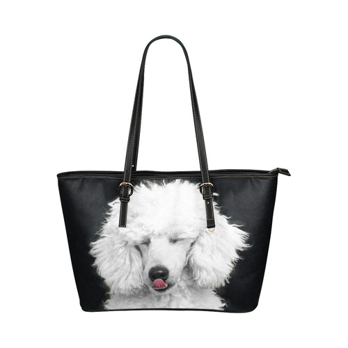 Silly White Poodle Leather Tote Bag/Small (Model 1651)