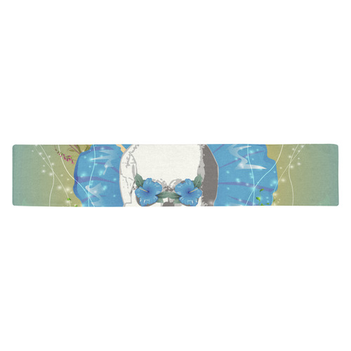 Funny skull with blue flowers Table Runner 14x72 inch