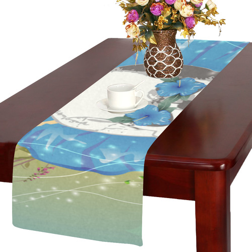 Funny skull with blue flowers Table Runner 14x72 inch