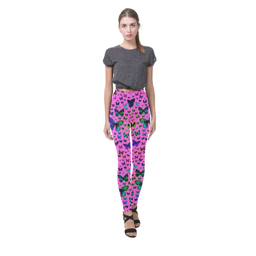 Rainbow Butterflies on Pink Cassandra Women's Leggings (Model L01)