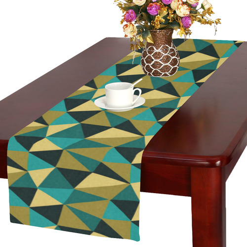 Black Gold Turquoise Abstract Triangles Table Runner 16x72 inch