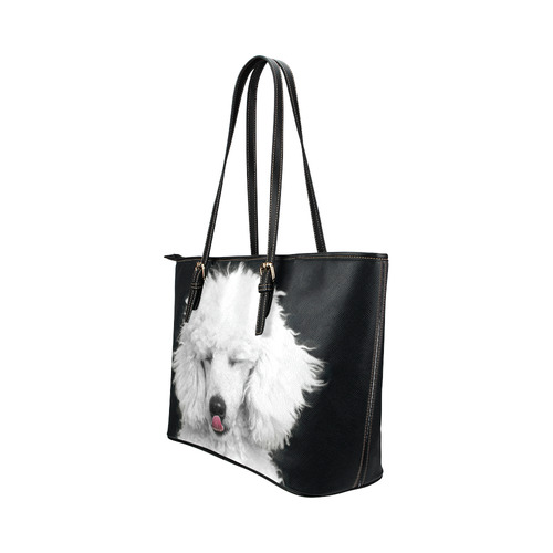 Silly White Poodle Leather Tote Bag/Small (Model 1651)