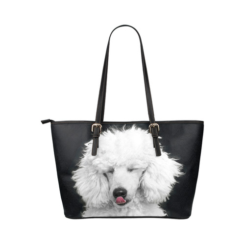 Silly White Poodle Leather Tote Bag/Small (Model 1651)
