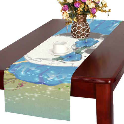 Funny skull with blue flowers Table Runner 16x72 inch