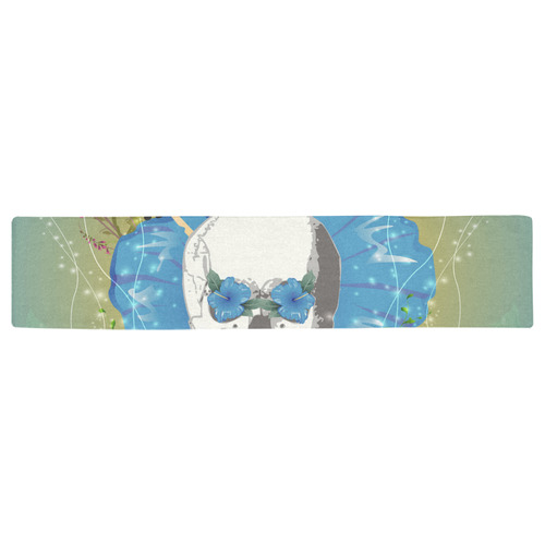 Funny skull with blue flowers Table Runner 16x72 inch