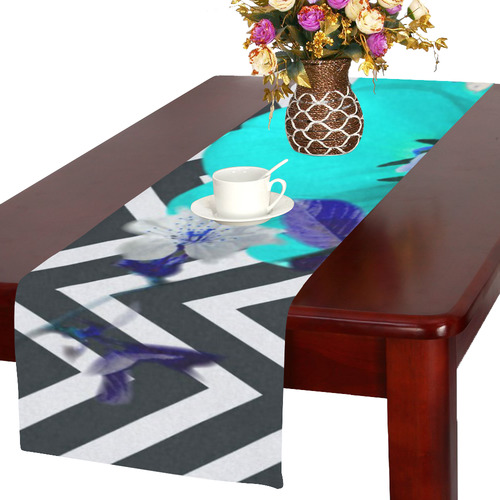 chevron Flower mix black and white,blue Table Runner 16x72 inch