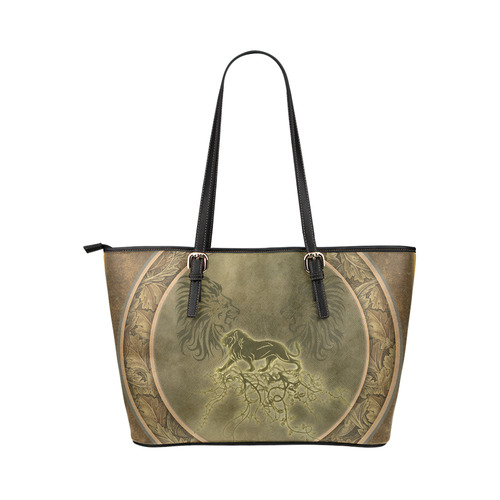 Lion with floral elements, vintage Leather Tote Bag/Small (Model 1651)