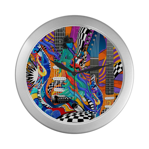 Rock Band Colorful Electric Guitar Musician Pop Art Print Silver Color Wall Clock