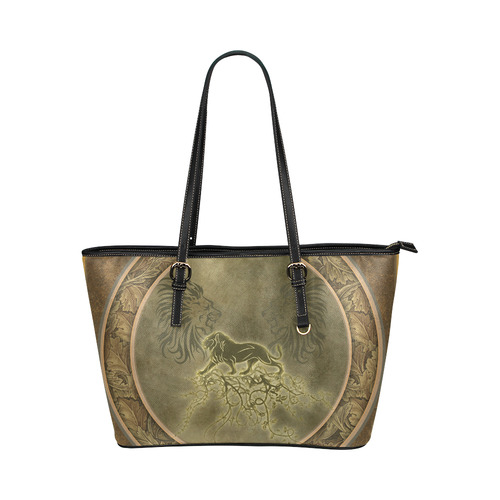 Lion with floral elements, vintage Leather Tote Bag/Small (Model 1651)