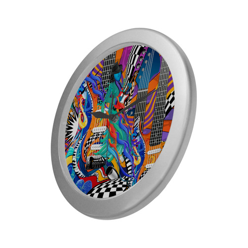 Rock Band Colorful Electric Guitar Musician Pop Art Print Silver Color Wall Clock