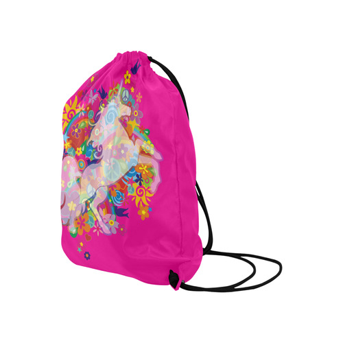 FLOWER POWER rainbow UNICORN multicolored Large Drawstring Bag Model 1604 (Twin Sides)  16.5"(W) * 19.3"(H)