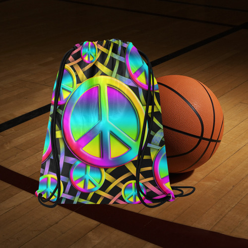 Neon Colorful PEACE pattern Large Drawstring Bag Model 1604 (Twin Sides)  16.5"(W) * 19.3"(H)