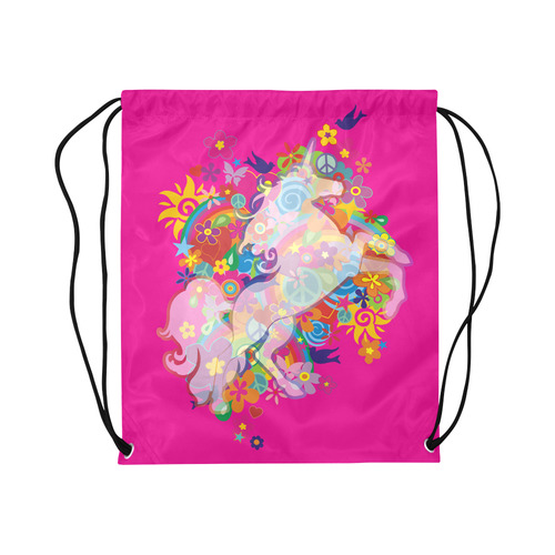 FLOWER POWER rainbow UNICORN multicolored Large Drawstring Bag Model 1604 (Twin Sides)  16.5"(W) * 19.3"(H)