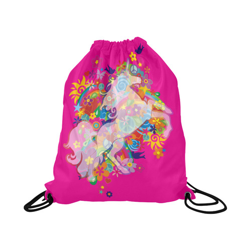 FLOWER POWER rainbow UNICORN multicolored Large Drawstring Bag Model 1604 (Twin Sides)  16.5"(W) * 19.3"(H)
