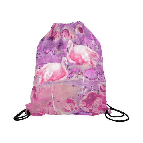 Flamingos Batik Paint Background Pink Violet Large Drawstring Bag Model 1604 (Twin Sides)  16.5"(W) * 19.3"(H)