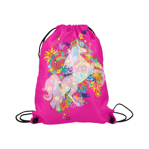 FLOWER POWER rainbow UNICORN multicolored Large Drawstring Bag Model 1604 (Twin Sides)  16.5"(W) * 19.3"(H)