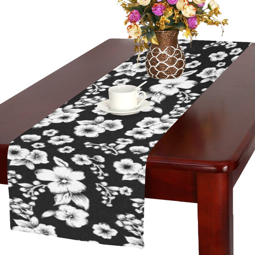 Fine Flowers Pattern Solid Black White Table Runner 16x72 inch