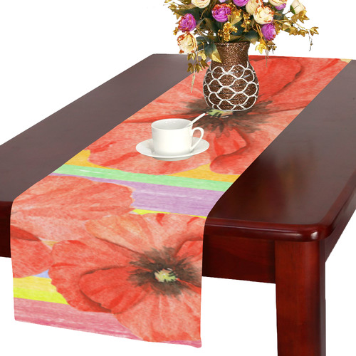 Watercolor STRIPES red POPPIES Blossoms Table Runner 16x72 inch