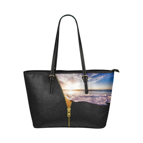 ZIPPER gold Sunset Beach Leather Tote Bag/Large (Model 1651)