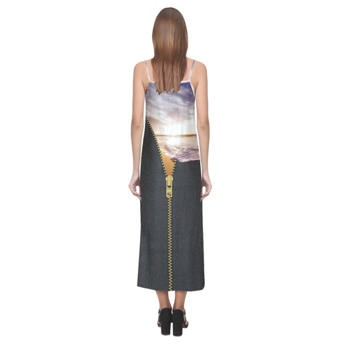 ZIPPER gold Sunset Beach V-Neck Open Fork Long Dress(Model D18)