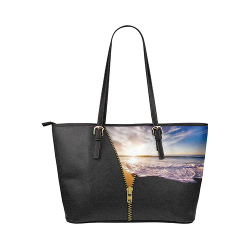 ZIPPER gold Sunset Beach Leather Tote Bag/Large (Model 1651)