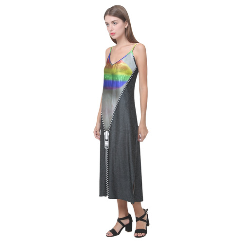 ZIPPER RAINBOW KISS LIPS V-Neck Open Fork Long Dress(Model D18)