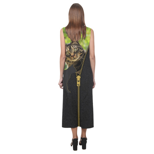 ZIPPER CUTE CAT FLOWERS Phaedra Sleeveless Open Fork Long Dress (Model D08)