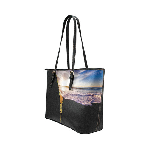 ZIPPER gold Sunset Beach Leather Tote Bag/Small (Model 1651)